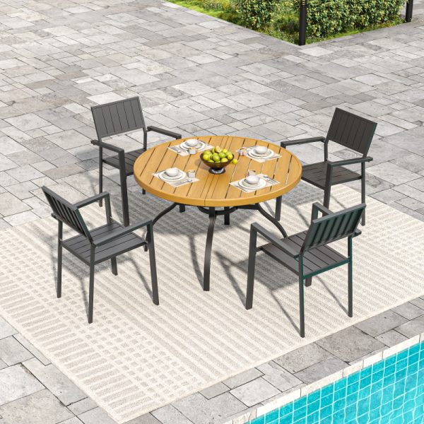 product-open-a9b17a03720b4469948c8cc4ec8dccbf-goods 5pcs Outdoor Patio Dining Set, 47' Round Wood-Grain Slat Table W/ Umbrella Hole And 4 Stacking Metal Chairs 350 Lbs Capacity, Rustproof, Breathable Design, 30-Min Assembly, Patio, Garden, Balcony