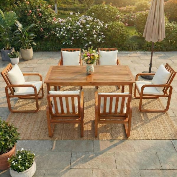 product-open-a9b1f1d951514d17a663f0cca87e6221-goods 7pcs Patio Dining Set Outdoor Dining Table And Chairs Stylish Outdoor Furniture Set with Removable Cushions for Patio, Backyard, Garden, Natural Wood And Beige Cushion