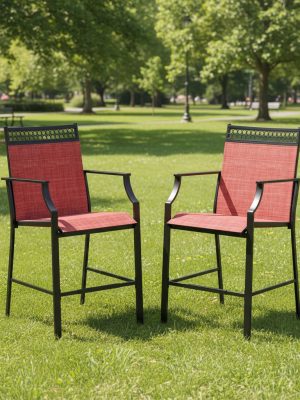 Set of 2 Heavy-Duty Metal Bar Stools with High Back, Armrests & Footrest - Counter Height Patio Chairs with Sturdy Metal Frame, Red Cushioned Seats