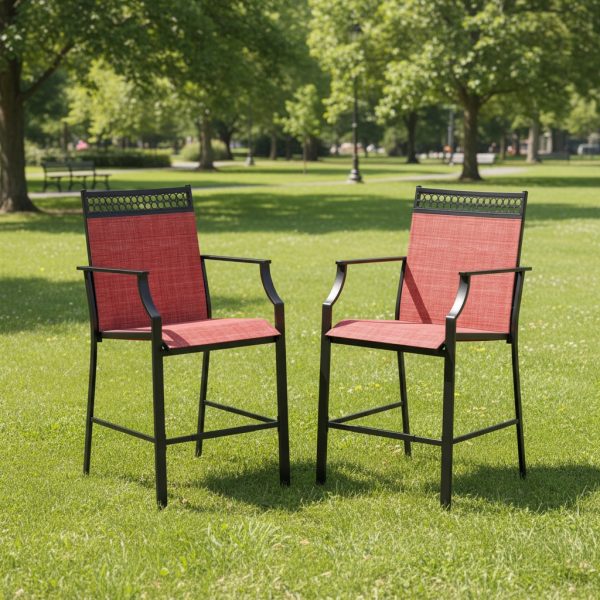 product-open-aa07a8065e7649edb701915f95ed2787-goods Set of 2 Heavy-Duty Metal Bar Stools with High Back, Armrests & Footrest - Counter Height Patio Chairs with Sturdy Metal Frame, Red Cushioned Seats