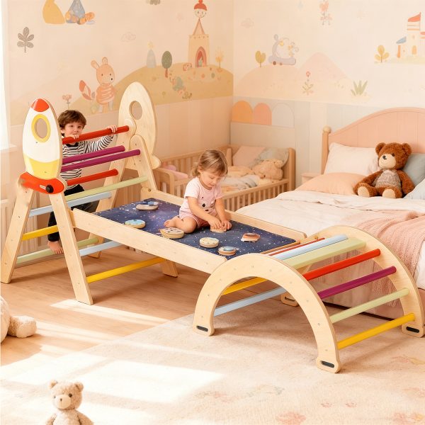 product-open-aa13ab689ca14fc6ba59f8ed258abee3-goods 8in 1 Pikler Triangle Climbing Set Foldable Indoor Jungle Gyms for Toddlers Baby Indoor Playards Jungle Gym with Oval-shaped Crossbar Design Wooden Climbing Set for Toddler to Inspire Children's Exploration