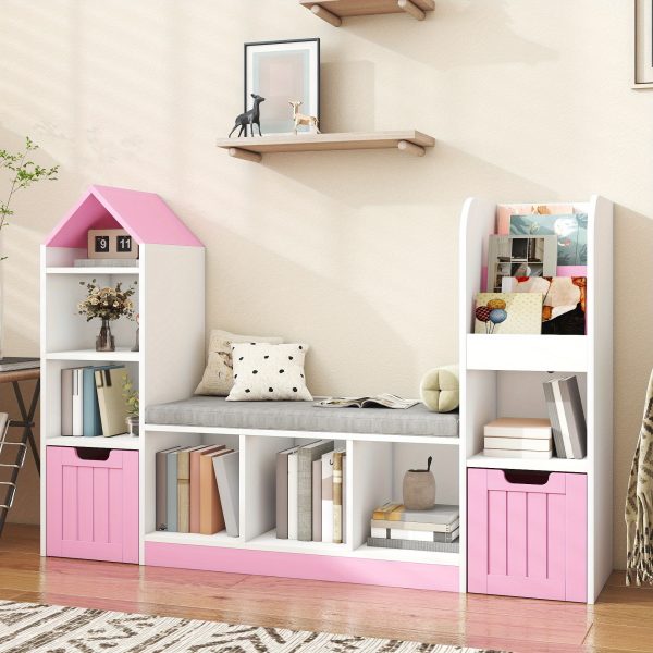 product-open-aa1a06f4bfc2496c8694912e3b6f0ae8-goods Nordic Style Bookcase with Reading Nook | Space-Saving Storage Cabinet with 7 Cubbies, 2 Movable Drawers & Seat Cushion, Multifunctional Organizer for Living Room, Bedroom, Office, Wood Color, Hardwood Material, VABCHES Brand