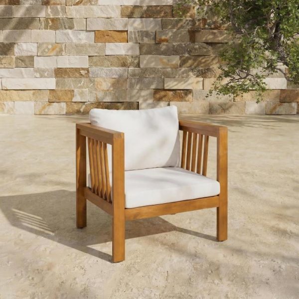 product-open-aa325ca55e79405090bee6d6fda24d07-goods Outdoor Acacia Wood Club Chair with Modern Square Arms, Patio Chair with Thick Cushion, Adjustable Leveling Feet for Poolside, Backyard And Deck, Beige Cushion