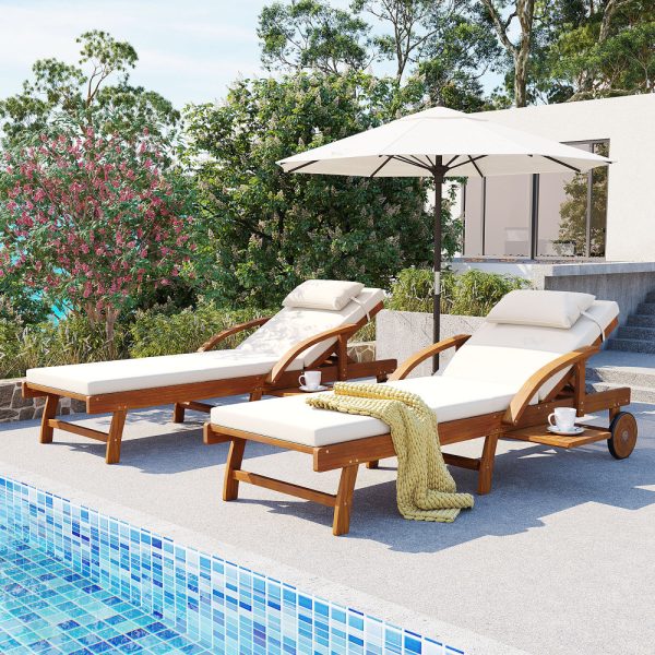 product-open-aa3a36bf8b964c5b8514d8a07c802aa3-goods U_Style 2-Pack 77.5' Outdoor Lounge Chairs, Acacia Wood Frame, Cushioned, Adjustable Backrest And Leg Rest, Headrest And Retractable Side Tray, Perfect for Patio, Pool, Garden, Beach