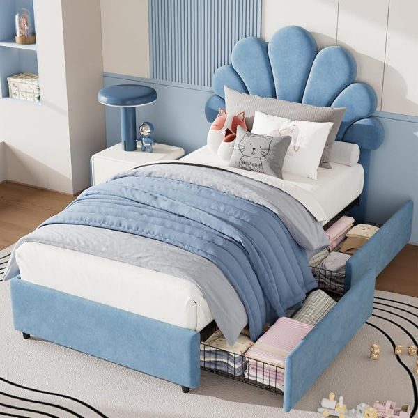 product-open-aa3a60c10e1f41b0bdf9444d4d2a7ff6-goods Twin Size Bed Frame for Bedroom - Platform Bed with Headboard, 2 Storage Drawers, Slat Support, No Box Spring Needed, Easy Assembly(Bed Frame Only)