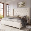 product-open-aa4bc09e19404df485633d21c6fb524c-goods LUXOAK Modern Luxury 50" Wingback Bed Frame with Plush Beige/White Velvet Upholstery - Queen/King Size Platform Bed, Button Tufted Headboard & Nailhead Trim, Sturdy Frame, No Box Spring Needed, Easy Assembly (30-Min Setup)