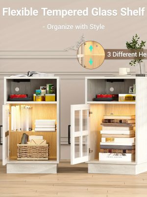 End Tables for Living Room with Charging Station & LED Light, Nightstand with Glass Door & Adjustable Shelf, Bedside Table with USB Ports, Modern Storage Cabinet for Bedroom, Black Smart Side Table