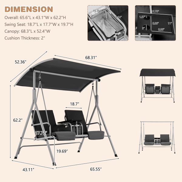 product-open-aa84aa7e088940db89429ffcaf5e01c3-goods 2-Seat Patio Porch Swing with Stand, Outdoor Swing Chair with Adjustable Canopy & Cup Holders for Backyard, Garden & Deck