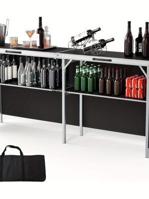 Bonnlo 78 Inch Mobile Bar Table with 2 Tier Shelves Portable Bar Table with Black Skirt for Outdoor Events Party Camping Picnic Mobile Bartending Station Black/ White/ Natural Garden Patio Dining Tables