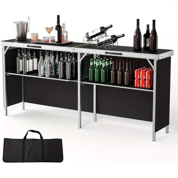 Bonnlo 78 Inch Mobile Bar Table with 2 Tier Shelves Portable Bar Table with Black Skirt for Outdoor Events Party Camping Picnic Mobile Bartending Station Black/ White/ Natural Garden Patio Dining Tables