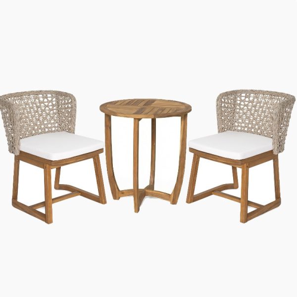 3pcs Outdoor Dining Set, 27.5' Teak End Acacia Round Accent Table And 2 Wicker Back Dining Chairs with Beige Cushion, Weather Resistant for Garden, Backyard, Patio