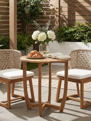 3pcs Outdoor Dining Set, 27.5' Teak End Acacia Round Accent Table And 2 Wicker Back Dining Chairs with Beige Cushion, Weather Resistant for Garden, Backyard, Patio
