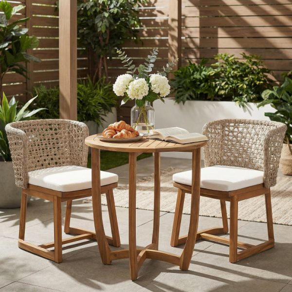 3pcs Outdoor Dining Set, 27.5' Teak End Acacia Round Accent Table And 2 Wicker Back Dining Chairs with Beige Cushion, Weather Resistant for Garden, Backyard, Patio