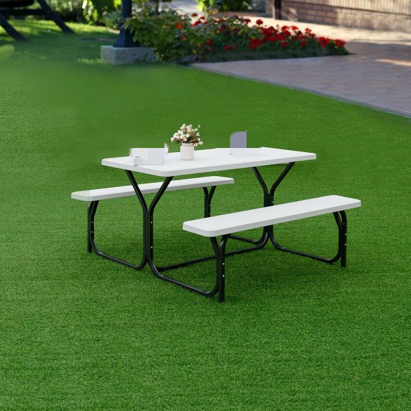 product-open-abab31b862744cb19d392c61989652d1-goods COSTZON Picnic Table Bench Set | Outdoor Camping All Weather Metal Base, Wood-Like Texture, Plastic Top, Backyard Poolside Dining, Party Garden Patio Lawn Deck, Large Camping Picnic Tables for Adult