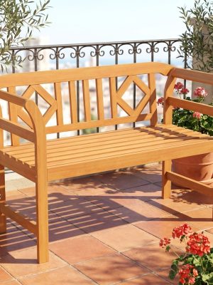 Outdoor Acacia Wood Bench, 2 Persons Solid Wood Loveseat with Curved Armrests & Slatted Seat, Garden Patio Park Bench, 800 Lbs Weight Capacity