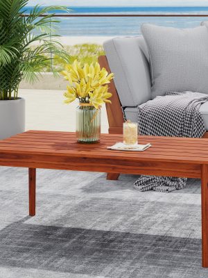 Acacia Wood Outdoor Coffee Table, Rustic Patio Coffee Table, Weather Resistant Garden Coffee Table, 36.25" W X 20.50" D X 15.00" H, Mahogany Finish, Streamlined Style for Backyard, Deck, Poolside, Balcony