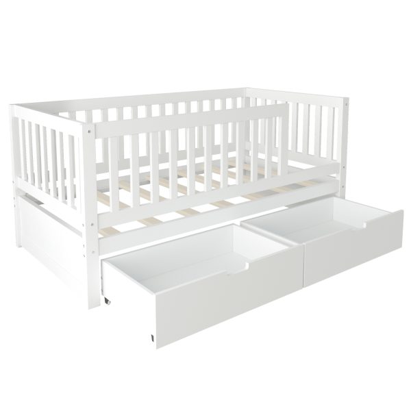 Convertible Bed with Storage Drawers, 3-In-1 Solid Wood Kids Daybed with Removable Guardrails, Compatible with Standard US Mattresses, White