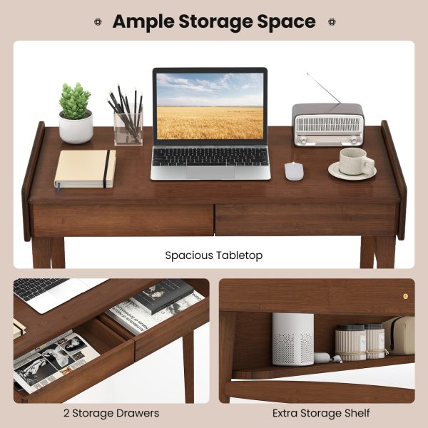 product-open-ac1bad0fa7bb44b48d719acb5b6fd8d4-goods COSTWAY Extra Long 39.5" Bamboo Computer Desk with 2 Storage Drawers & Open Shelf - Heavy-Duty Writing Desk, Space-Saving Home Office Desk, Natural Brown Finish, Easy Assembly, Sturdy Bamboo Construction for Study, Living Room
