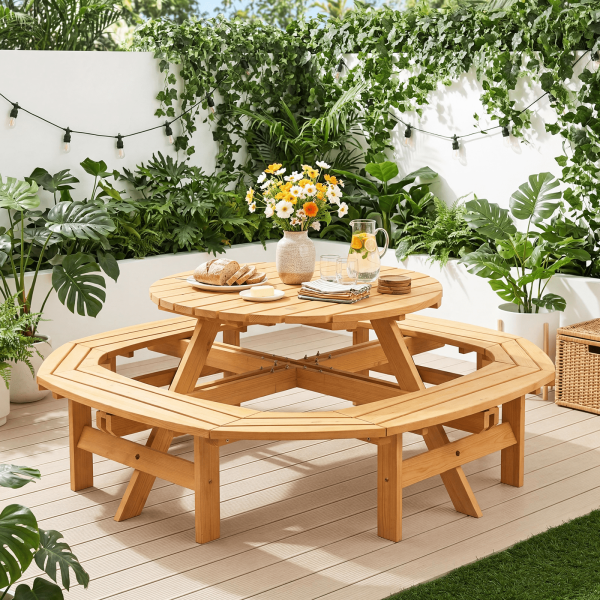 product-open-ac1e0f2370dc4ec0a1fcb8cb26dcb098-goods 8-Person Round Wooden Picnic Table with Umbrella Hole, Wood Outdoor Dining Set with 4 Built-In Benches for Garden, Patio And Backyard