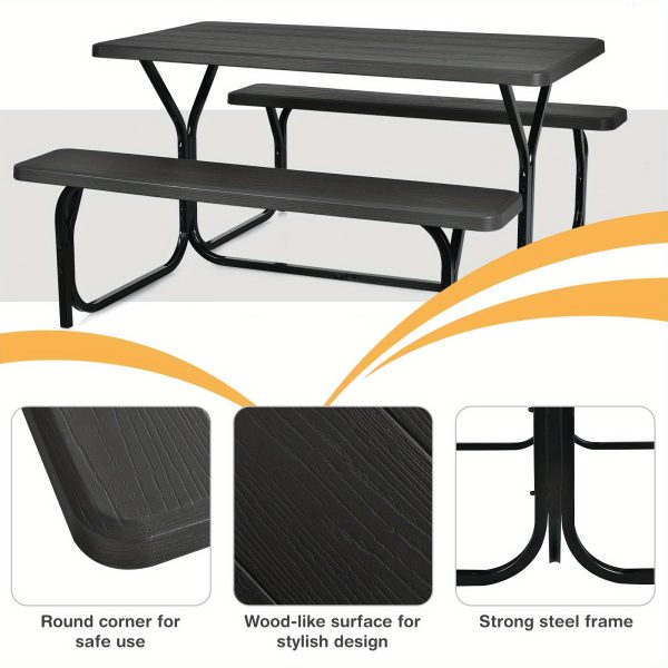 product-open-ac5be04be0e94b46a769ab0f368c918f-goods COSTZON Picnic Table Bench Set | Outdoor Camping All Weather Metal Base, Wood-Like Texture, Plastic Top, Backyard Poolside Dining, Party Garden Patio Lawn Deck, Large Camping Picnic Tables for Adult