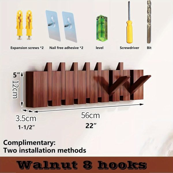 Modern Walnut Wooden, with 4/6/8/10/12 Hooks, Coat Rack, Hooks, Wall Mounted, Accordion, Entryway, Bedroom, Bathroom, Solid Wood, Smooth Polishing, Stable Adhere, Holds 22 Lbs, Floating Shelves