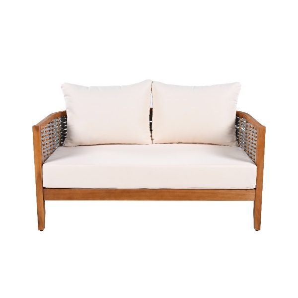 2pcs Acacia Patio Furniture Set, Outdoor Unique Tub Design Loveseat with Woven Rope Table, Deep Seating with Soft Cushions for Porch, Garden, Backyard, Balcony, Teak End And Beige Cushion