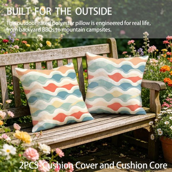 Outdoor Pillows 2pcs Set with InsertWave Pattern Outdoor Cushion (17.72inch) Features a Seamless Design of Wavy Lines in Pastel Colors, Creating a Retro-inspired Aesthetic. Versatile as a Seat or Backrest, Perfect for Patios, Gardens, or Lounges. D