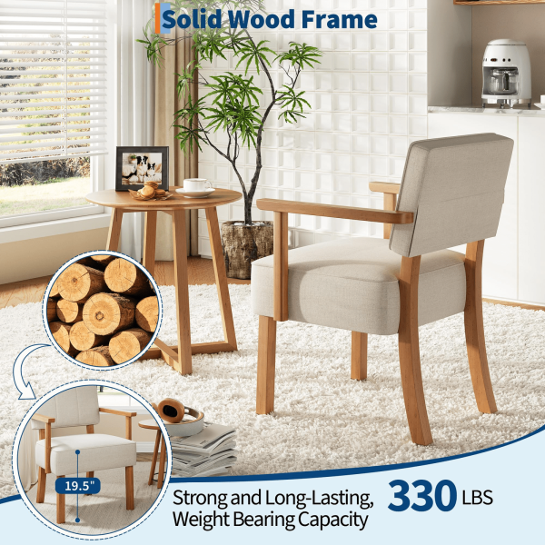 Patio Dining Set, Outdoor Chairs Set Garvee Mid-Century Accent Chair Set of 2 with Wood Frame, Linen Fabric Lounge Arm Chair with Classic Vertical Stripe Reading Leisure Chair for Living Room, Bedroom, Balcony, Beige