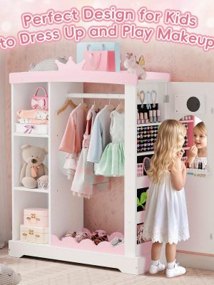 Kids Armoire with Jewelry Cabinet, Dress up Storage with Mirror and Shelves, Princess Dress Closet and Costumes Wardrobe Closet, Costume Organizer for Bedroom, Kids Room, Girls