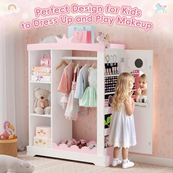 product-open-ae4af7683d07435fb033bbe9346f087a-goods Kids Armoire with Jewelry Cabinet, Dress up Storage with Mirror and Shelves, Princess Dress Closet and Costumes Wardrobe Closet, Costume Organizer for Bedroom, Kids Room, Girls