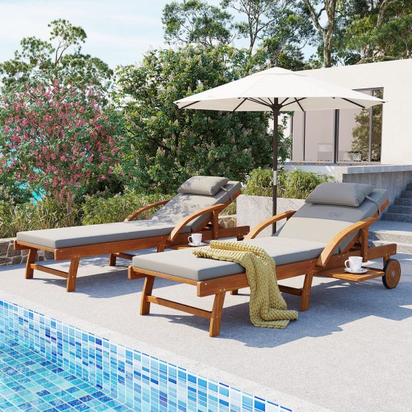 product-open-ae8c6b8c755a4ebab7358de4da28eb54-goods U_Style 2-Pack 77.5' Outdoor Lounge Chairs, Acacia Wood Frame, Cushioned, Adjustable Backrest And Leg Rest, Headrest And Retractable Side Tray, Perfect for Patio, Pool, Garden, Beach