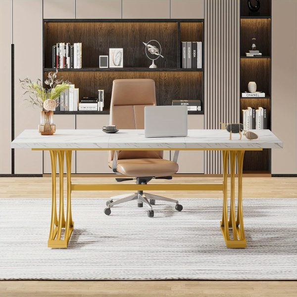 product-open-aebb1f6808804904b219255d6219ccdb-goods MEGIVEZ 63" Large Modern Executive Home Office Desk - White Wood & Metal Legs, Easy Assembly, 27" Height, 3.2 Cu Ft Storage, No Power Needed, Perfect for Business or Home Workspace, Versatile Workspace, Contemporary Furniture, Sleek Metal Legs