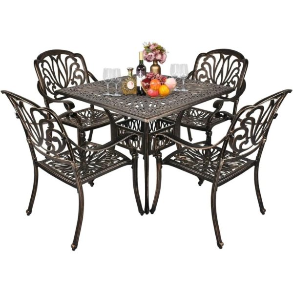 product-open-af7fe9aa6b2a43f4ace6170c7652a05a-goods Bonnlo 5pcs Outdoor Dining Set Cast Aluminium Patio Furniture with 4 Chairs and 1 Umbrella Table for Garden Porch Poolside Weather-Resistant Bronze