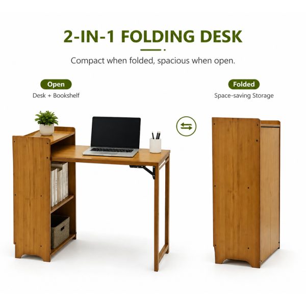 product-open-b05ec95378fe43419558f6f15b684673-goods Bamboo Folding Desk for Small Spaces with Storage, Foldable Mid Century Modern Drop Leaf Desk, Vintage Fold Out Hideaway Small Desks for Bedroom Or Home Office