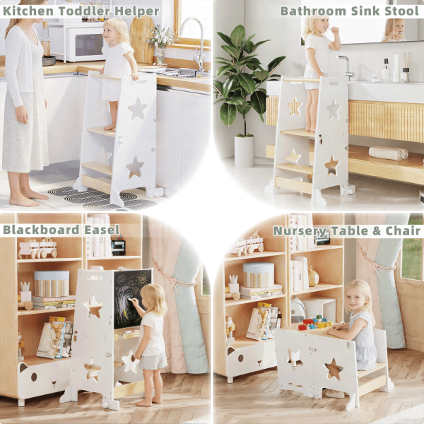 3-In-1 Kitchen Step Stool, Foldable Learning Standing Tower with Blackboard, Wooden Kitchen Stool Helper for Kids, Old Boy Girl Gifts