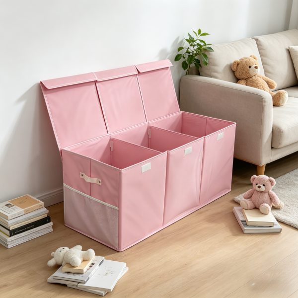 3-Grid Storage Organizer, Extra-Large Foldable Sturdy Basket with Mesh Pockets, 40 Inches Size, Pink Purple Grey Kids Container, Holiday Gift for Multi-Scene