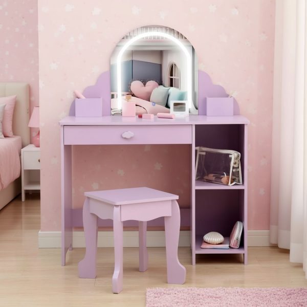 product-open-b0dc77a8ad7c46209af833ff8f732c54-goods Girls' Kids Vanity Desk with Mirror & Stool - Princess Makeup Table with Drawer, Shelves & Cubbies, Toddler Dressing Table Suitable for Little Girls, Assembly, Non-Wood
