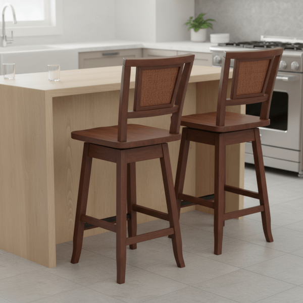 product-open-b0e8c943d6f64d9cb84c404997480e30-goods 2pcs Swivel Bar Stools with 360° Rotating Seats & Rattan Backrest & Footrests - Heavy-Duty Rubber Wood Counter Height Chairs (24.5"), Wide for Kitchen Island, Bar, Cafe - Assembly, Sturdy for &, Vintage Style