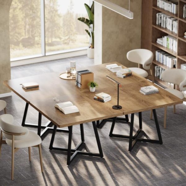 product-open-b153c73ddf844e56b275027167e566ce-goods 31.5' Square Conference Table, Industrial Office Meeting Table for 4 People, Business Podcast Furniture with Metal Base for Small Spaces, Office Conference, Natural