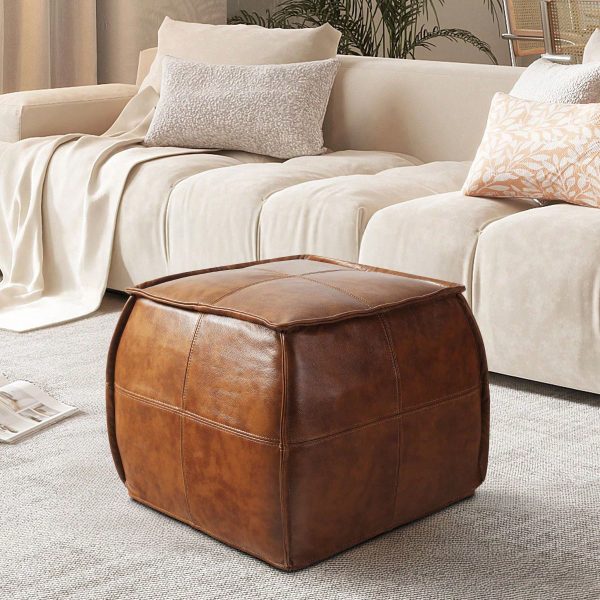 Leather Ottoman, Handmade Stuffed Square Ottoman, Genuine Leather Pouf, Foot Rest Pouf, Comfortable Soft Seating for Living Room& Bedroom(Brown, Black, Grey, Square)