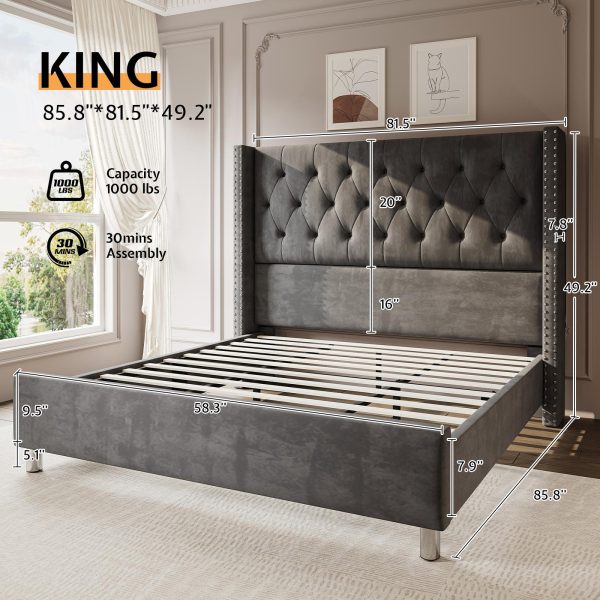 product-open-b2862004e7d844238083819db50b90ae-goods LUXOAK Modern Luxury 50" Wingback Bed Frame with Plush Beige/White Velvet Upholstery - Queen/King Size Platform Bed, Button Tufted Headboard & Nailhead Trim, Sturdy Frame, No Box Spring Needed, Easy Assembly (30-Min Setup)