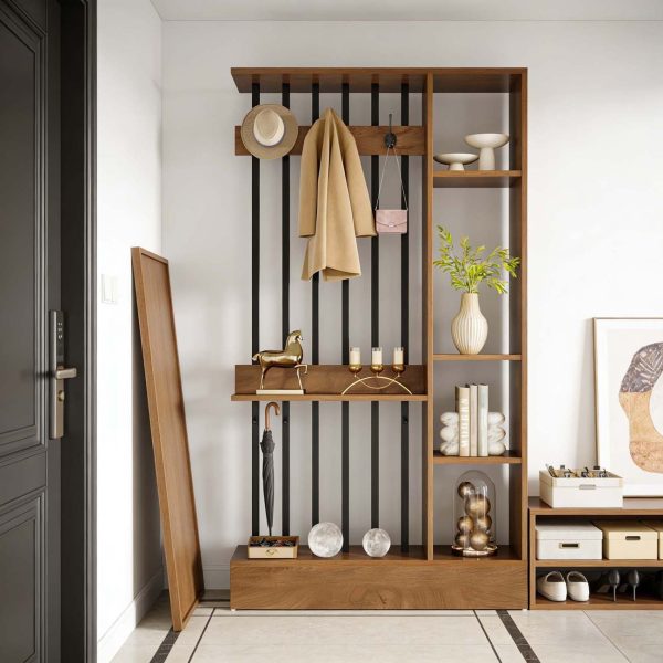 71-Inch Wooden Standalone Room Divider, Wall Partition Bookcase Featuring Shelves And Coat Hooks, a Contemporary Decorative Screen Suitable for Home And Office, in Brown