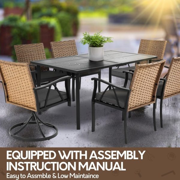 product-open-b3453cf4bb224180a407299b2d4b1d56-goods Andehomy 7pcs Patio Dining Set with 6 Chairs And 1 Table, Outdoor Dining Set with 2 Wicker Swivel Patio Dining Chairs with Cushions & Black, Rectangular Woodgrain Metal Dining Table with 1.75" Umbrella Hole, Black & Brown
