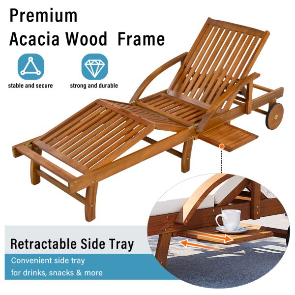 product-open-b3666ded79944a0ab50236e1f8bb5245-goods U_Style 2-Pack 77.5' Outdoor Lounge Chairs, Acacia Wood Frame, Cushioned, Adjustable Backrest And Leg Rest, Headrest And Retractable Side Tray, Perfect for Patio, Pool, Garden, Beach