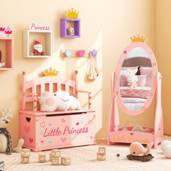 product-open-b36d0dd40bfd4a0e826759561112f12f-goods COSTWAY Kids Storage Organizer, 2-in-1 Storage Chest & Bench, w/ Safety Hinge & High Backrest, Cute Crown Pattern, Storage Organizer for Kids Room, Playroom, Nursery