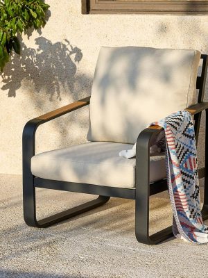 Outdoor Patio Lounge Chair with Beige Cushions, Black Aluminum Frame, Wood Armrests, Modern Style, Ideal Fathers Day Gift