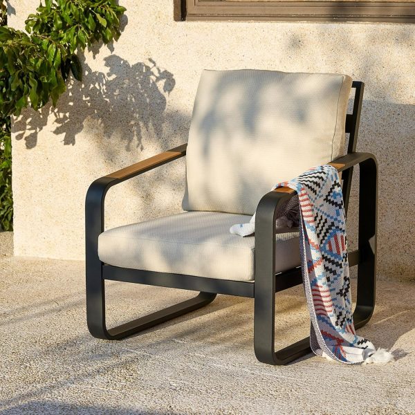 Outdoor Patio Lounge Chair with Beige Cushions, Black Aluminum Frame, Wood Armrests, Modern Style, Ideal Fathers Day Gift