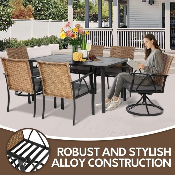 product-open-b3d9ede596644c99b5cd566570d5ab02-goods Andehomy 7pcs Patio Dining Set with 6 Chairs And 1 Table, Outdoor Dining Set with 2 Wicker Swivel Patio Dining Chairs with Cushions & Black, Rectangular Woodgrain Metal Dining Table with 1.75" Umbrella Hole, Black & Brown