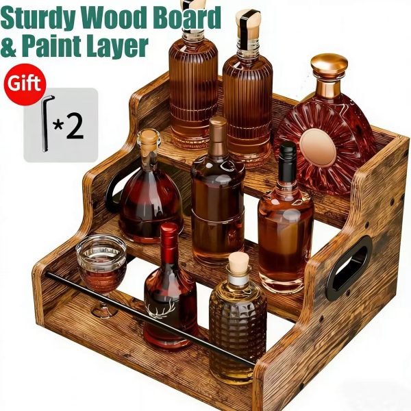 Solid Wood Liquor Bottle Display Shelf, Coffee Syrup Rack Organizer, 3 Step Countertop Liquor Wine Rack, Bar, Liquor Cabinet, Home Bar Shelf Stand for Liquor Whiskey, Spirits, Spice Rack