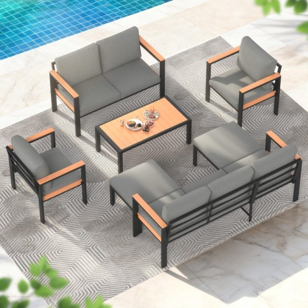 product-open-b46ee06f977e4885b4c73ecd76aa66e6-goods Modern 4/5/7pcs Metal Patio Furniture Set, Outdoor Conversation & Pub Table Set with Coffee Table for Porch, Balcony and Sunroom, Gray